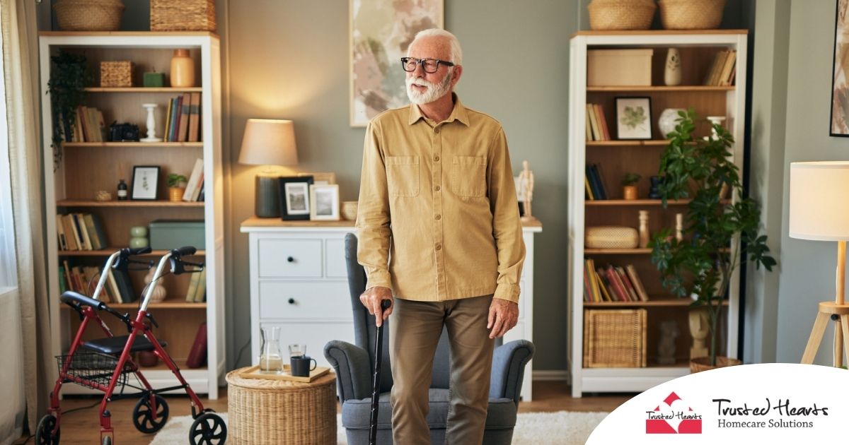 Exploring fall prevention for seniors — an elderly man stands in a safely arranged room.